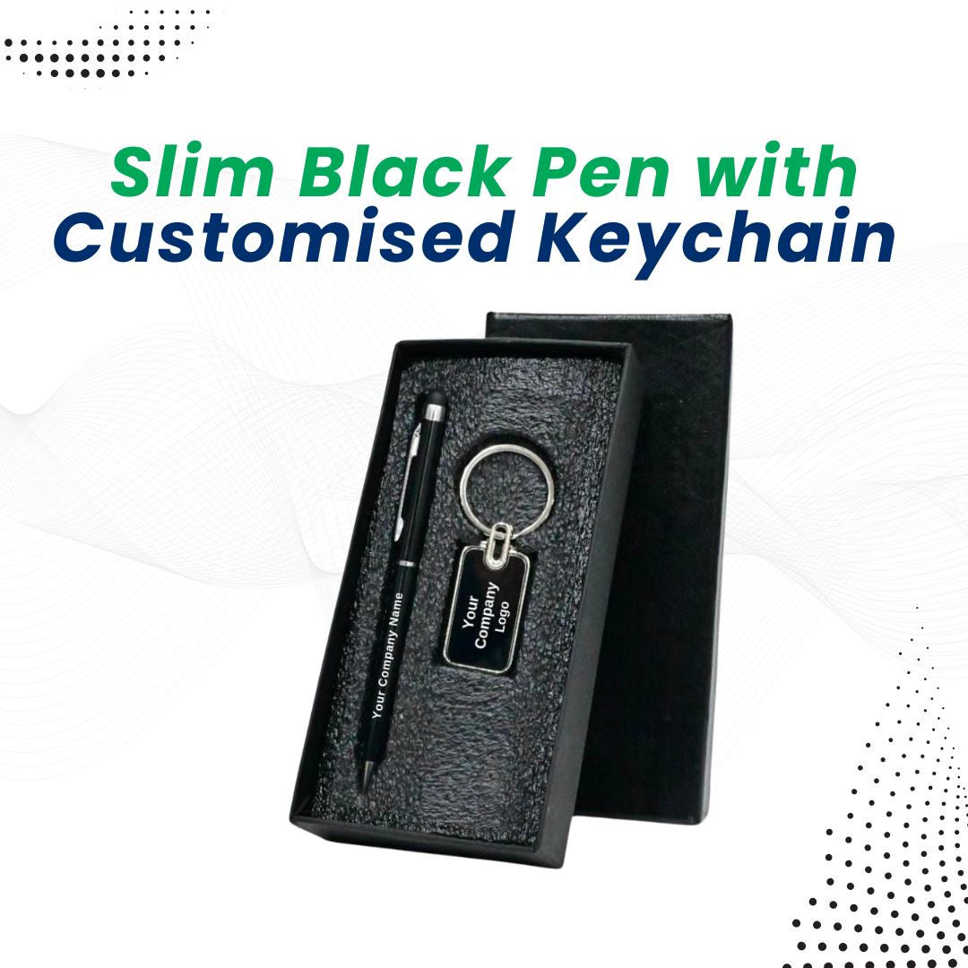 SLIM BLACK PEN WITH CUSTOMIZED  KEYCHAIN